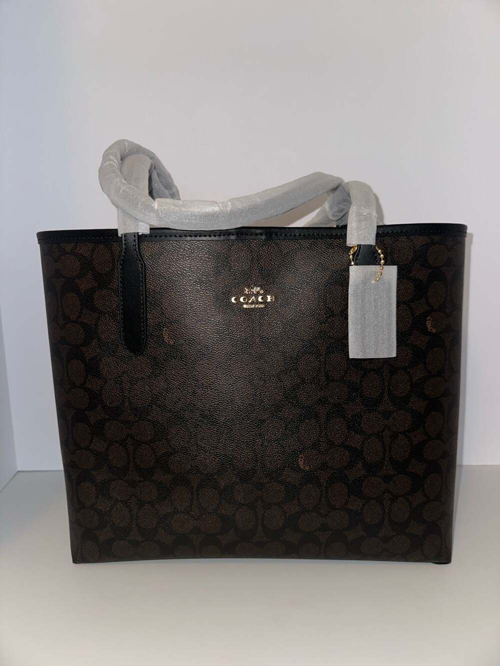 Coach Small City Tote Bag in Signature Canvas Brown Black